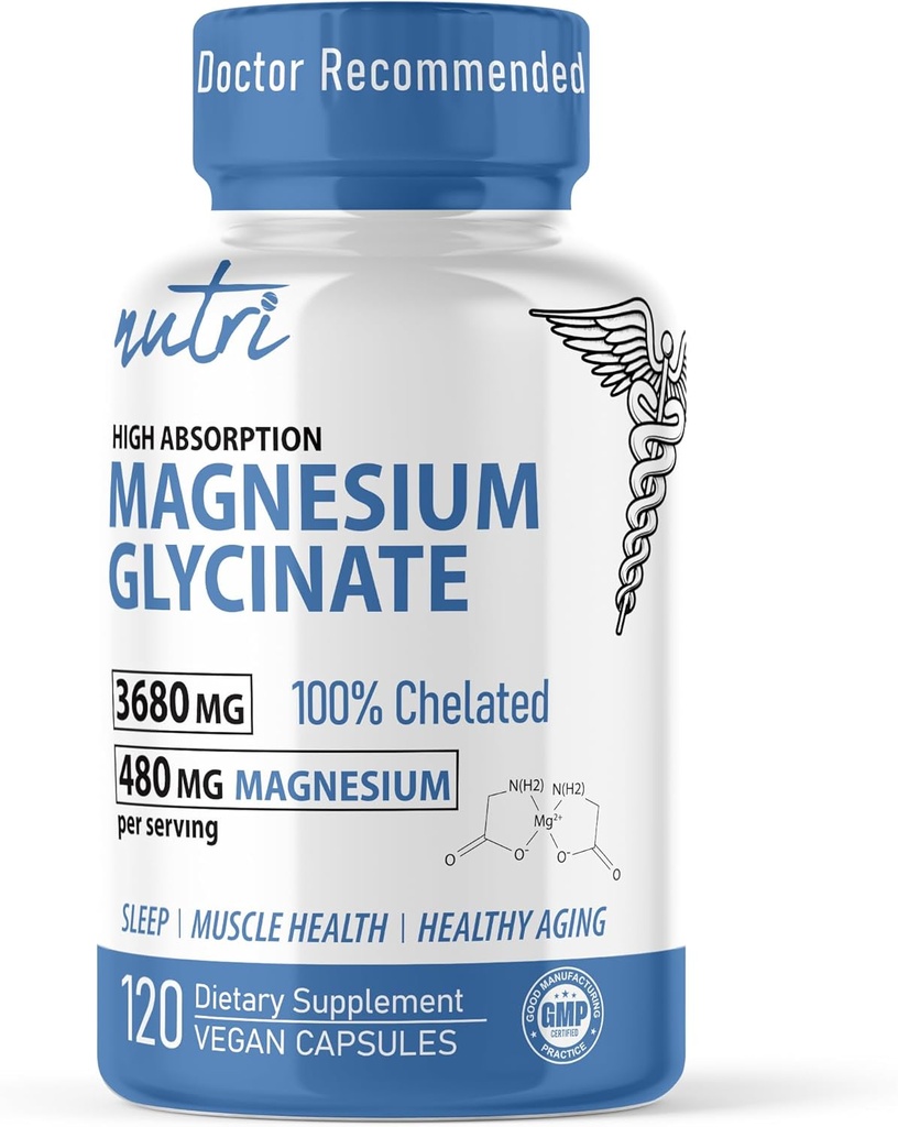 Fusiones de la naturaleza Nutri Pure Magnesium Glycinate 3680mg - (Provides 480mg Magnesio Elemental), Chelated for High Absorption, Non-Buffered for Maximum Potency, 120 Capsules