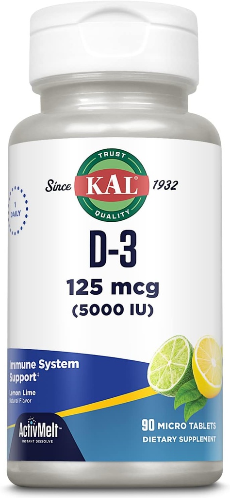 KAL Vitamina D-3 5000 UI ActivMelt, Dissolve instantáneo, Limo Natural Lime Flavor, Función de Inmune saludable &amp; Soporte de bonificación, 90 Servimientos, 90 Micro Tabletas