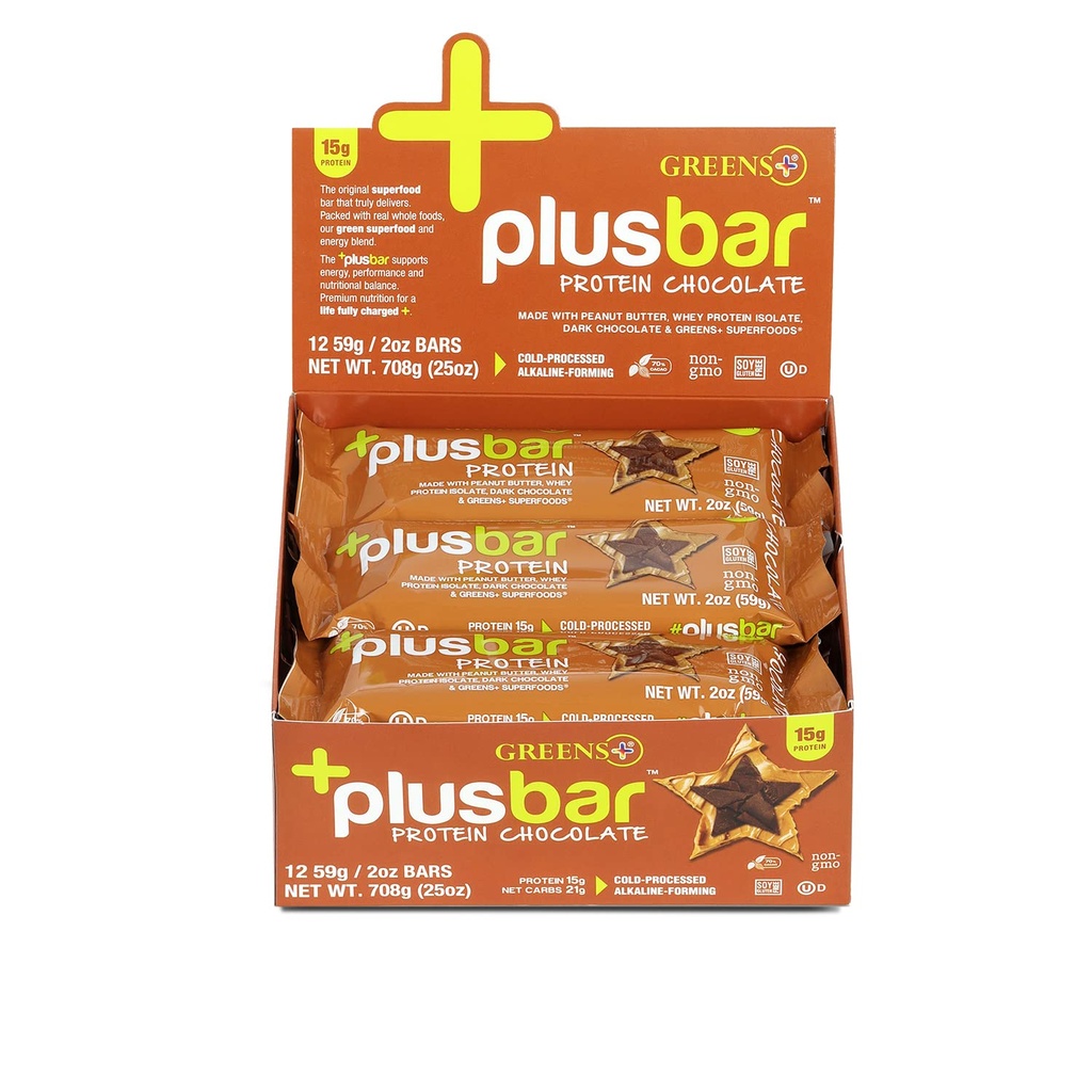 Greens+ Plusbar Protein, Dark Chocolate, 15g Whey Protein Isolate, Gluten-Free Snack with Organic Super Greens & Superfoods, Vegan, Dairy-Free, Non-GMO, Meal Replacement, 12 Pack