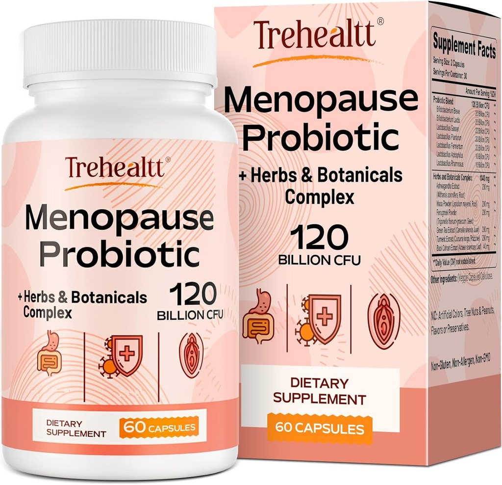 Suplementos de menopausia para mujeres, 120 Billones CFU Probiótico, 13-en-1 Herbs & Botánicos Complejo, para la menopausia hormonal, Flashes calientes, sudaderas nocturnas, mudas, trastornos del sueño, vegano, 60 cápsulas