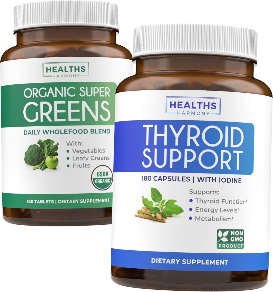 Super Greens " Thyroid Support (3-Month Supply) Thyroid Vitality Bundle of Organic Super Greens Powder - Complete Superfood (180 Capsules) " Thyroid Support for Men and Women (Non-GMO)(180 cápsulas)
