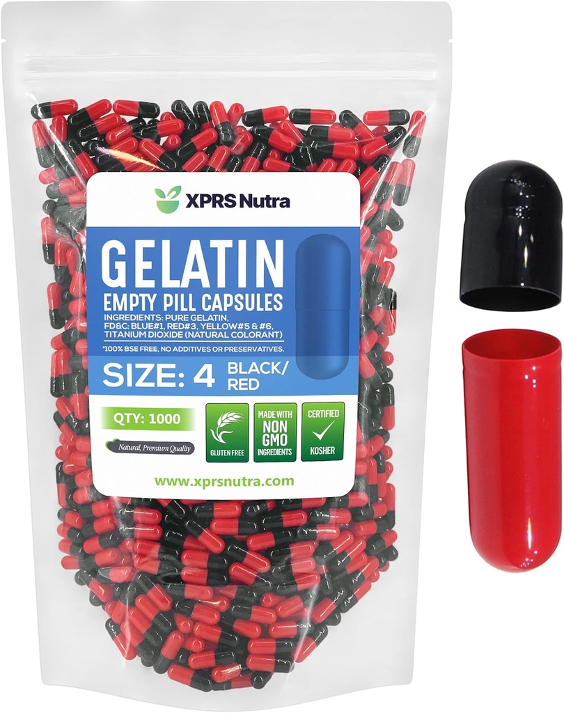 XPRS Nutra Size 4 Empty Capsules - 1000 Cuentas Pequeños Empty Gelatin Capsules - Pills DIY Capsule Filling - Fillable Pure Bovine Pill Gel Caps for Do-It-Yourself Suplementos (Black/Red)