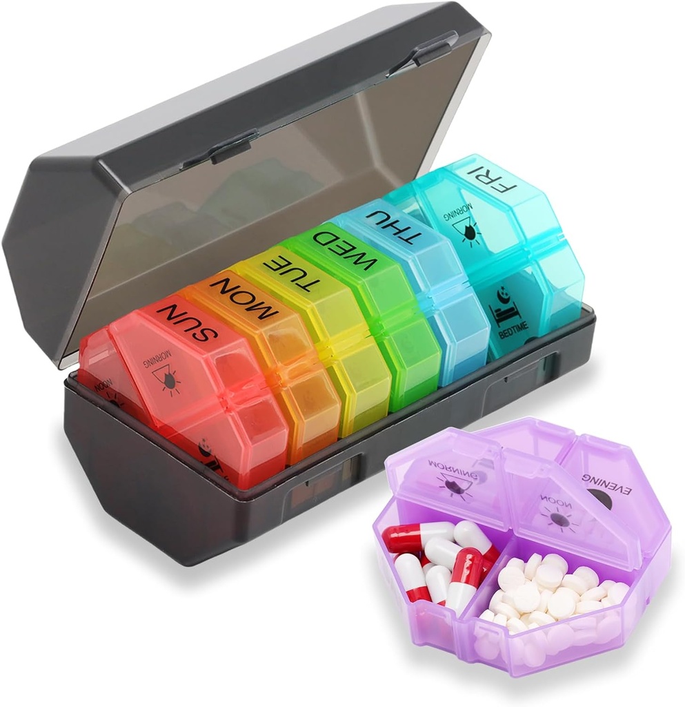 Organizador y planificador semanal de píldoras, diseño de caja de plumas y gran consumo, vitaminas, aceite de hígado de bacalao, suplementos y medicamentos (Gray Rainbow)