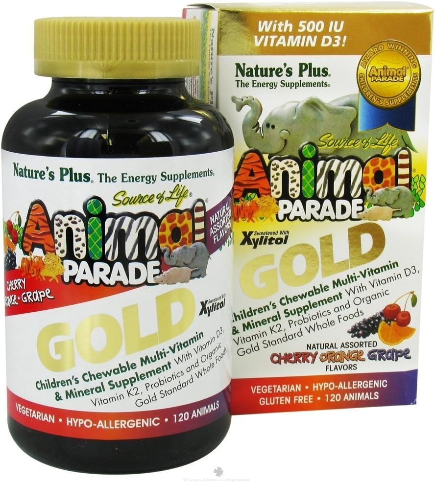 NaturesPlus Animal Parade Gold Children's Multivitamin - Cereza surtida, Orange &amp; Grape Flavors - 120 Animal-Shaped Chewable Tablets, Pack of 2 - Vegan, Gluten Free - 120 Total Servings