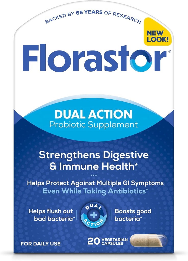 Florastor Probióticos para Salud Digestiva &amp; Inmuna, 20 cápsulas, Probióticos para Mujeres &amp; Hombres, 1 Probiótico Mundial, Flush Out Bad Bacterias &amp; Boost The Good with Our Strain Saccharomyces boulardii
