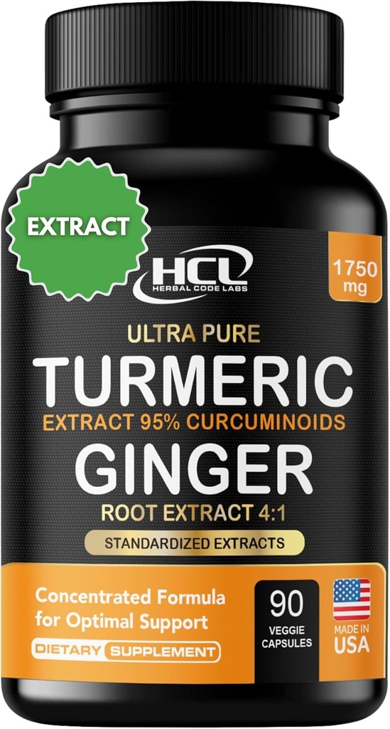 Curcumina Turmérica con jengibre – 1750 mg Fórmula de alta potencia con Curcuminoides Estandarizados 95% y Extracto de jengibre – Pepper Negro para la absorción mejorada – 60 cápsulas Veganas