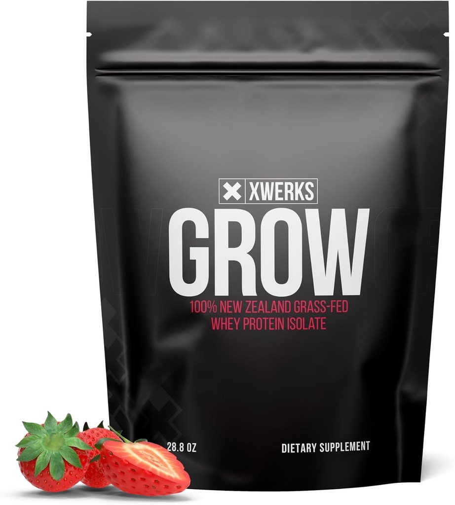 Xwerks Crece 100% New Zealand Grass Fed Whey Protein, 25g Pure Isolate Protein Powder Por Serving, All Natural Paleo y Keto Friendly, Soy Free Gluten Free Easy to Digest, Strawberry, 30 Servings