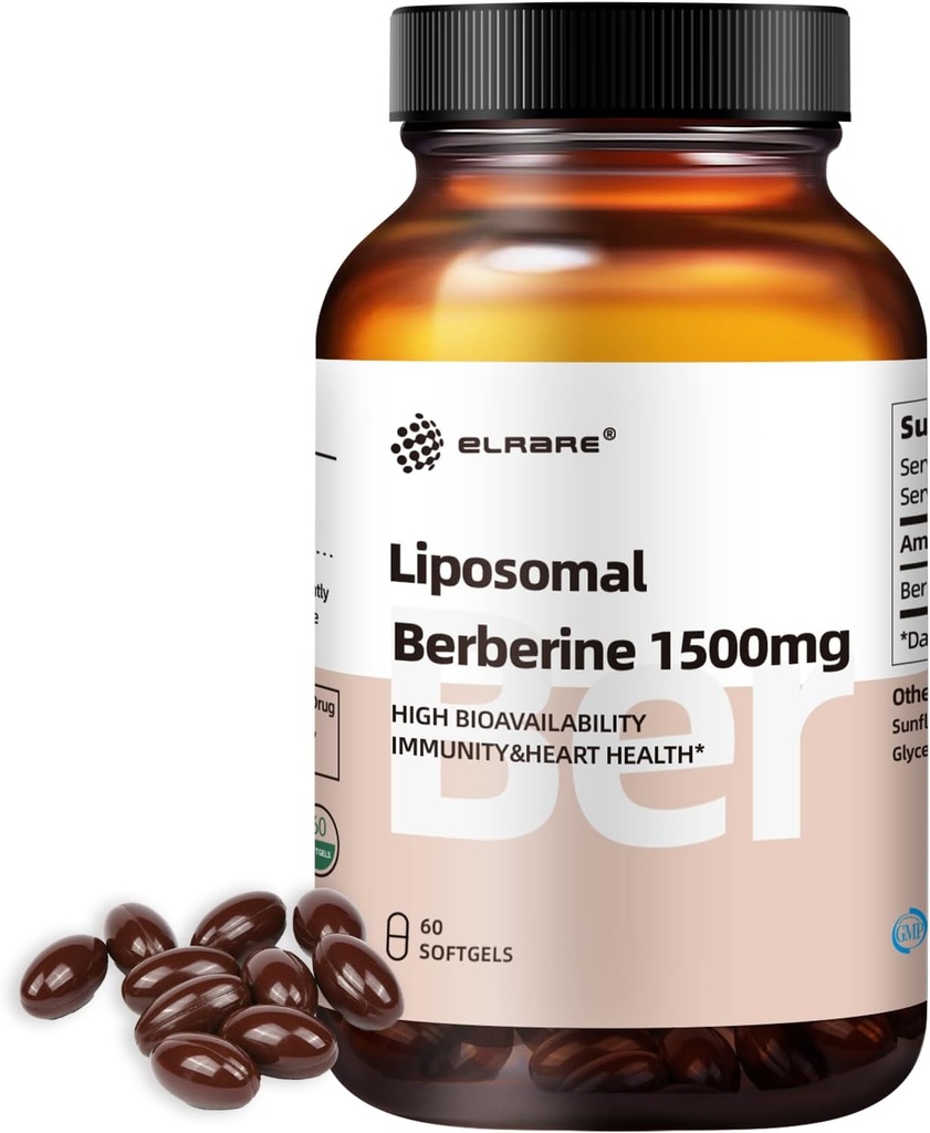 Liposomal Berberine Suplemento 1500mg,Liposomal Berberine HCL,High Bioavailability,Support Liver &amp; Heart Health,AMPK Activator for Men &amp; Women,Non-GMO,Gluten-Free,60 Softgels
