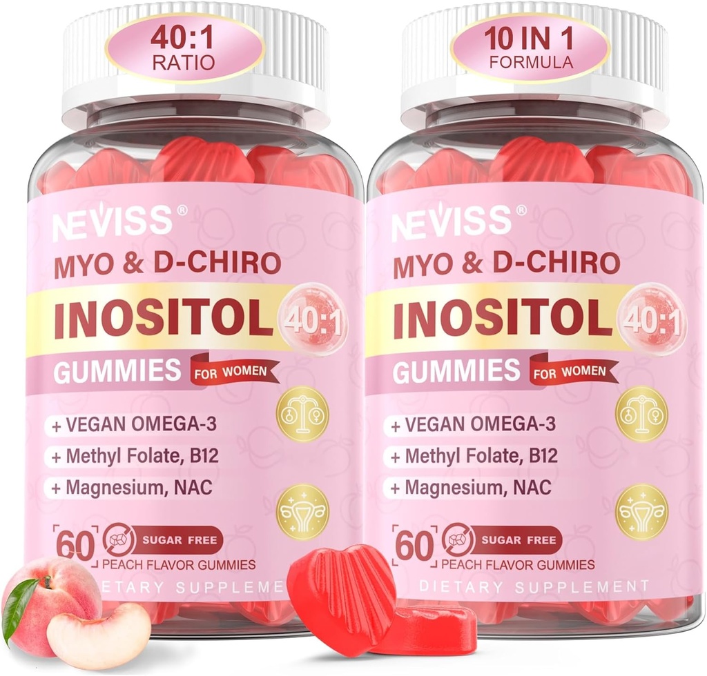 Myo-Inositol & D-Chiro Inositol Gummies for Women 2000mg + 50mg, 40:1 Ratio Inositol with Vegan Omega-3 + D3, Magnesium Glycinate, Methyl Folate + B12 for Female Health &amp; Wellness, Sugar Free, 120 Cts