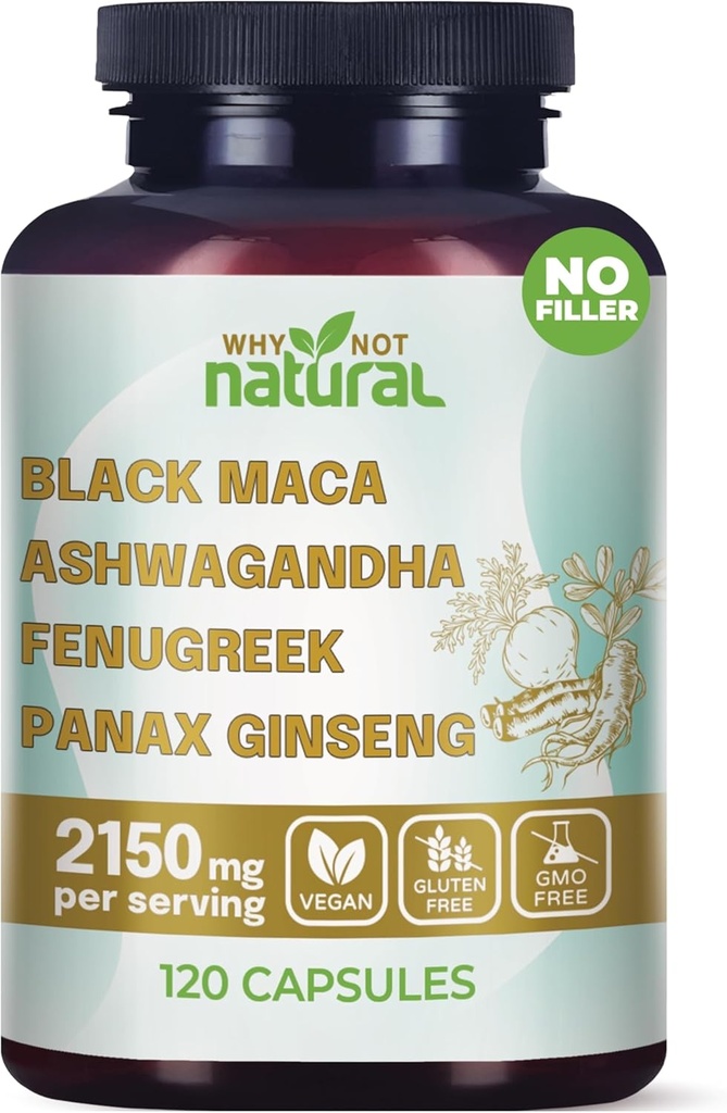 Por qué no natural 4-en-1 Negro Maca Root orgánico, Ashwagandha, Fenugreek, Panax Ginseng Capsules, Suplemento para Hombres y Mujeres