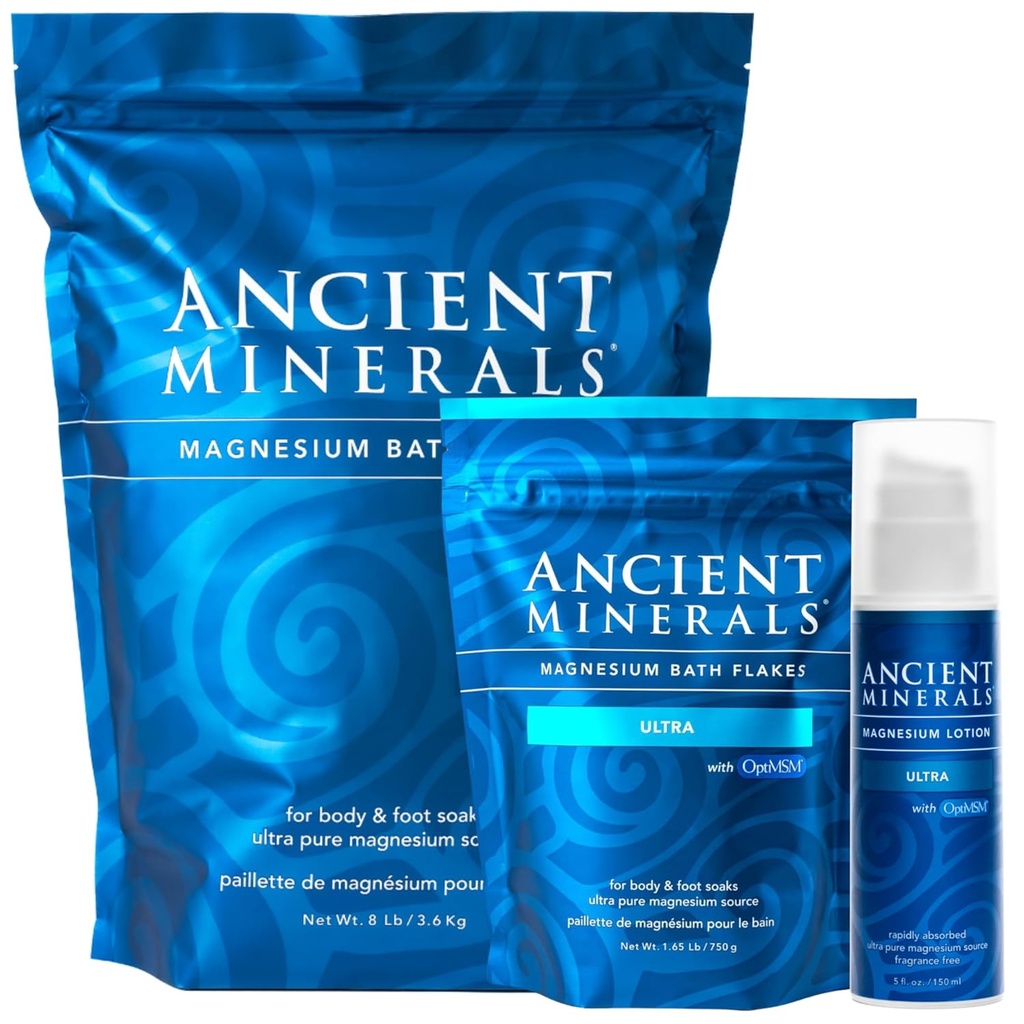 Antiguos Minerales Brillantes de baño de magnesio - Loción de magnesio y Flakes de baño Ultra con MSM - Puro Genuine Zechstein Chloride