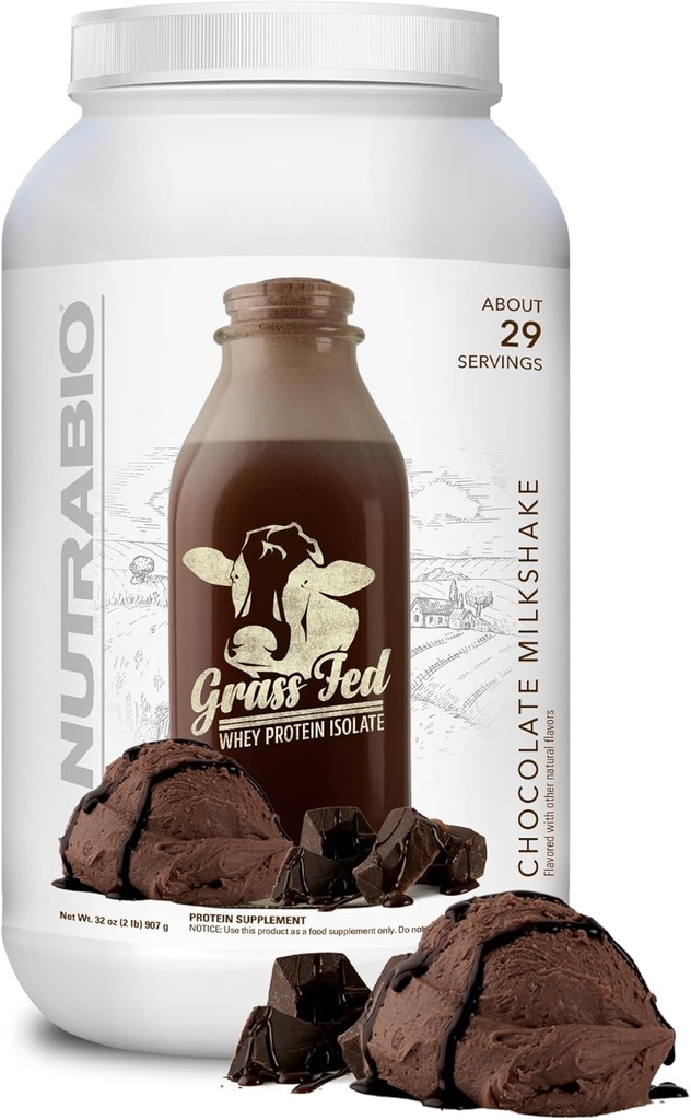 NutraBio Grass Fed Whey Isolate Protein Powder - 25G de Protein Por Scoop - Sugar Free Natural Lean Muscle Protein Suplemento - Chocolate Mikshake - 2 Libras, 29 Serviciones.