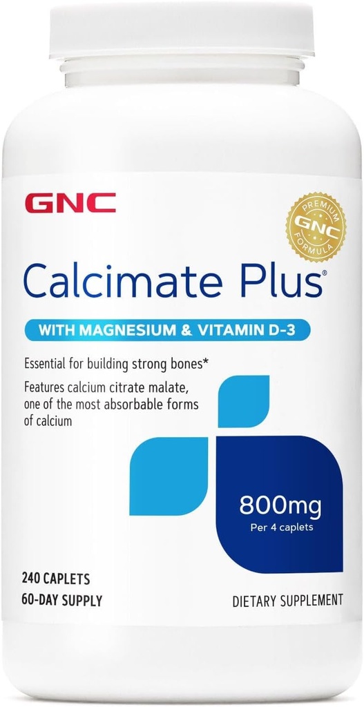 GNC Calcimate Plus 800mg Suplemento, soporta huesos fuertes, mejora la absorción de calcio, 60 prestaciones