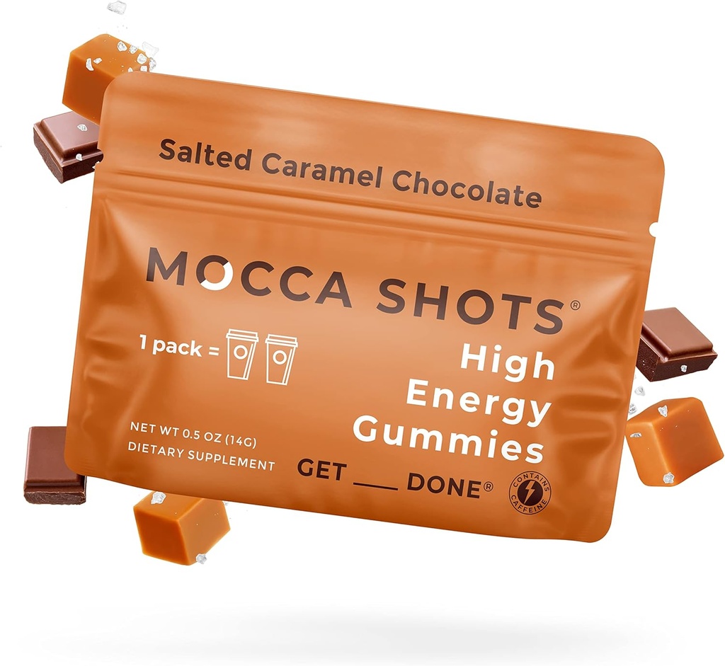 SGC Concentración más alta 100mg Caffeine per Gummy, 2 Gummies per Pack, 12-Pack Mocca Shots Salted Caramel Plant-Based nootropic Instant Energy with Ginkgo biloba, Theobromine.