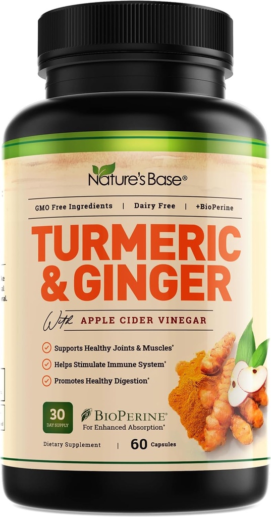 Base Turmeric y suplemento de jengibre - con Curcumin, Vinagre de manzana & Extracto de Pepper Negro BioPerino - 95% Curcuminoides - 60 cápsulas