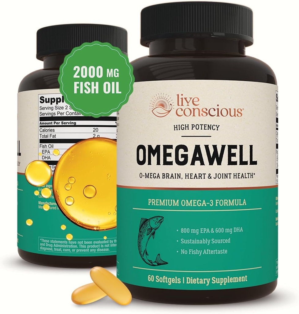 Conscious OmegaWell Omega 3 Fish Oil - 2000mg cápsulas: Heart, Brain, & Joint Support - 800 mg EPA 600 mg DHA - Fuente sostenible - Softgels - 30 Day Supply