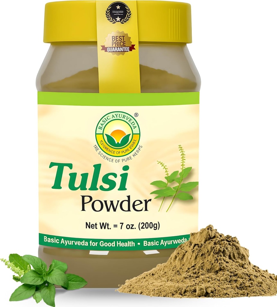 BASIC AYURVEDA Tulsi Powder – 7.05 Oz (200g) peru Holy Basil Leaf Powder for Tea, Skin Care " Hair ← Soporta Detox, Energía Natural, Balance diario, No GMO, Vegan, Libre de gluten
