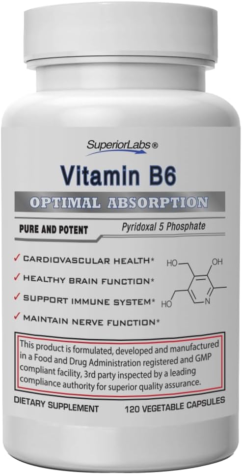Laboratorios Superiores Vitamina B6 50mg, Suplemento No GMO Puro, Alta Absorción, Apoyo Sistema Immune & Nervous, Función cerebral, Metabolismo & Corazón Salud, Esencial para Producción de Hemoglobina, 120 Caps Veg
