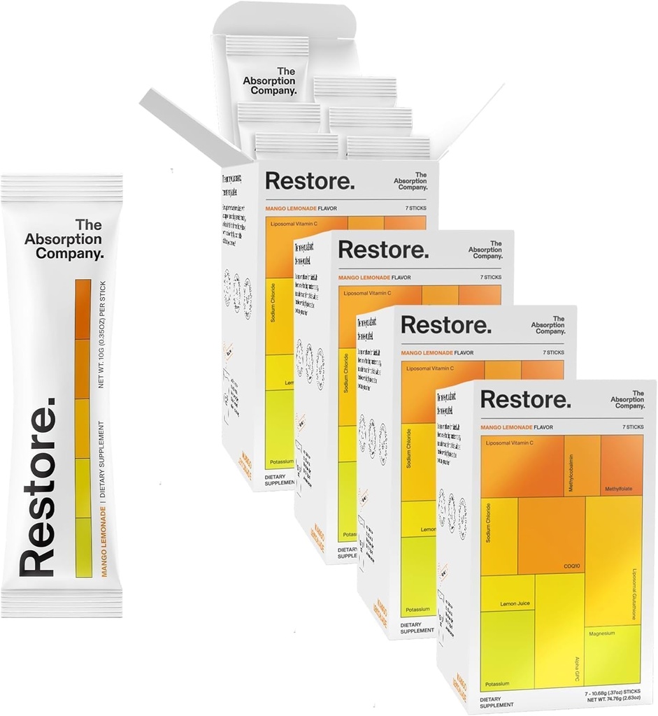 The Absorption Company Electrolyte Powder Packets - Workout Recovery & Hydration Drink Mix with Liposomal Glutathione, Vitamina C & Methylated B Vitaminas - Mango Lemonade (28 Sticks)