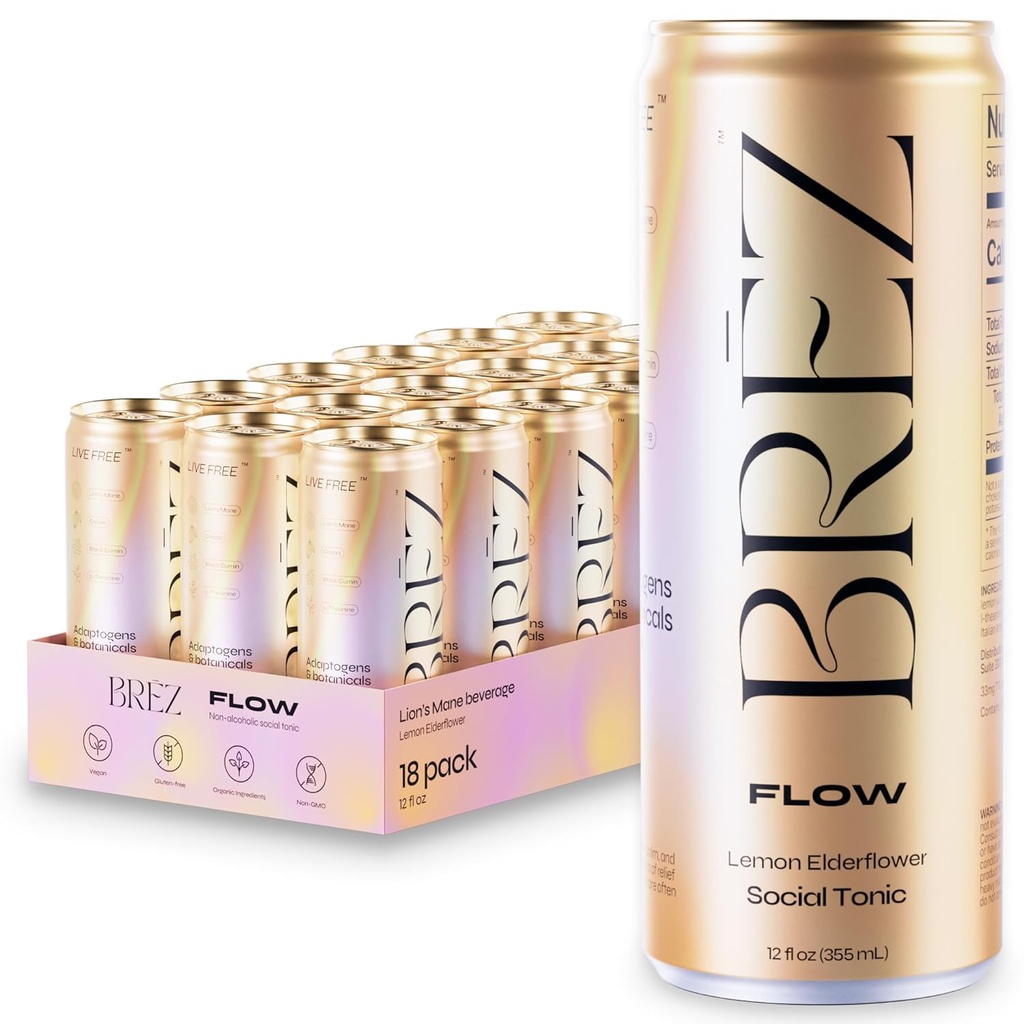 BREZ FLOW Bebida de Mushroom Mane Lion, 18-Pack, No Infundida, Adaptógenos, Alivio, Levantamiento y Social, Sparkling Lemon Elderflower Tonic 12 Fl oz