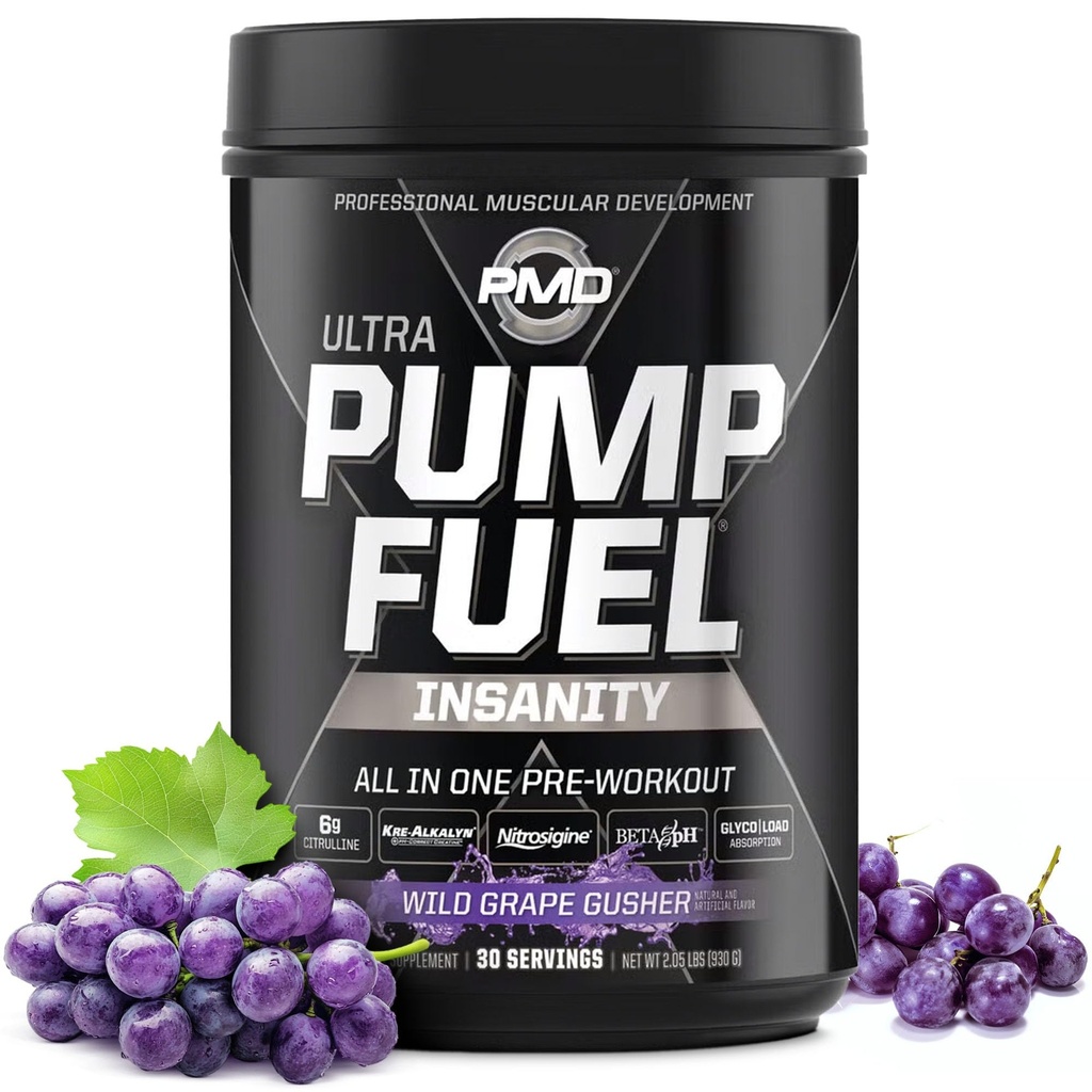 PMD Sports Pump Fuel Ultra Insanity - Premium Pre Workout Powder & Muscle Pump, Greater Focus, Endurance & Recovery, Premium Creatine, Arginine & Beta Alanine - Wild Grape Gusher (30 Servings)