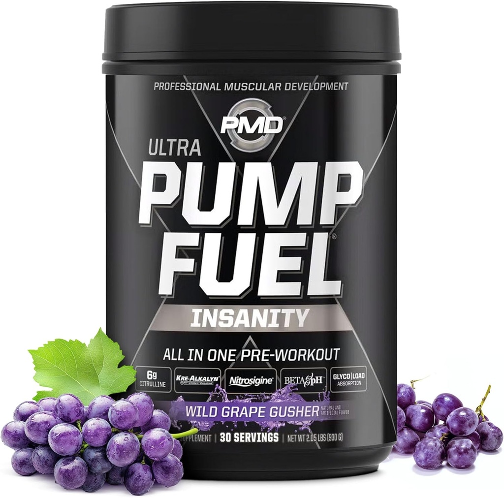 PMD Sports Pump Fuel Ultra Insanity - Premium Pre Workout Powder &amp; Muscle Pump, Greater Focus, Endurance & Recovery, Premium Creatine, Arginine & Beta Alanine - Wild Grape Gusher (30 Servings)