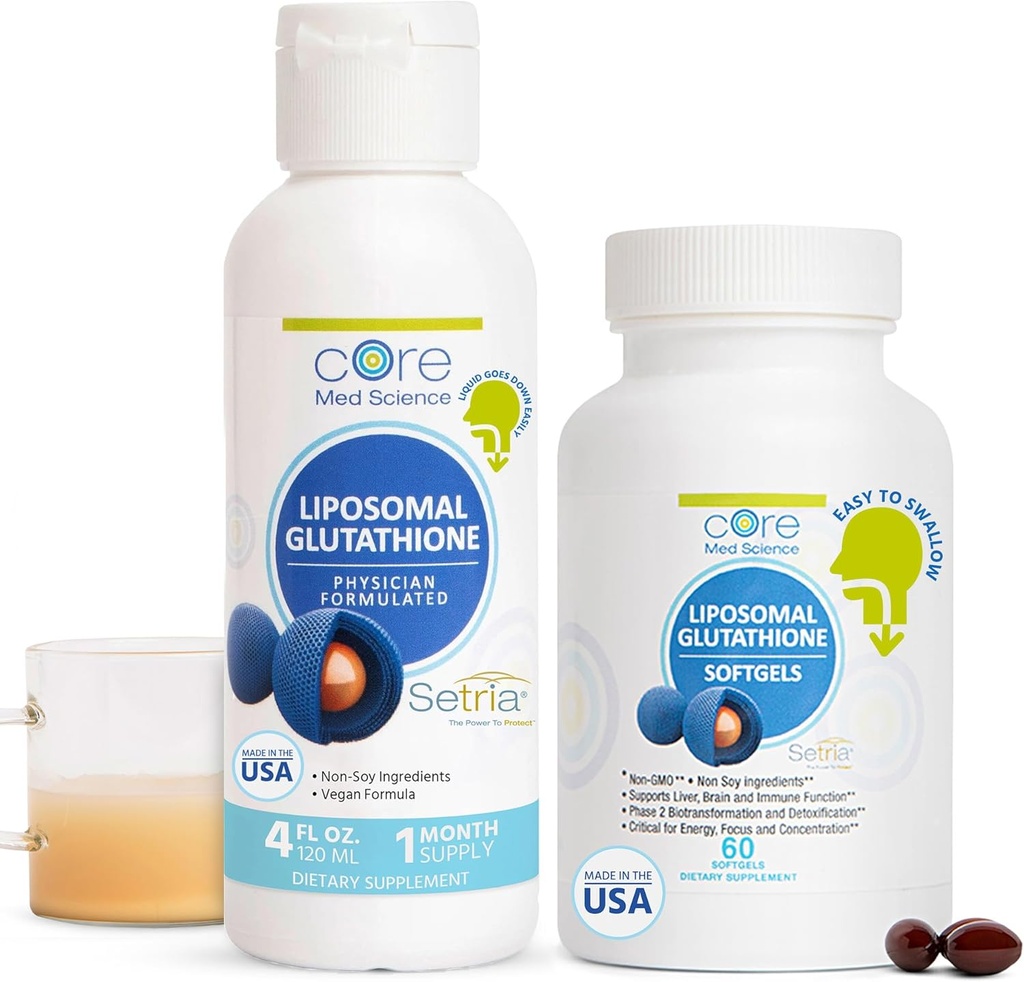Core Med Science Liposomal Glutathione Soft Gels & Liquid Supplement Bundle for Energy, Brain Health, Skin &amp; Liver Health