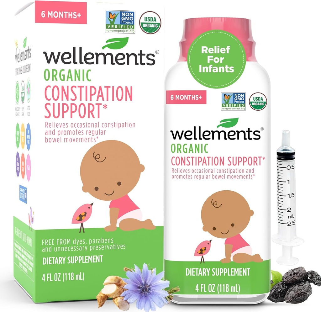 Wellements Organic Constipation Support for 6 Month+ Babies & Toddlers (4 Fl Oz) Silencio USDA Certified & Gentle Constipation Relief* for Infants with No Harsh Laxatives with Dispenser