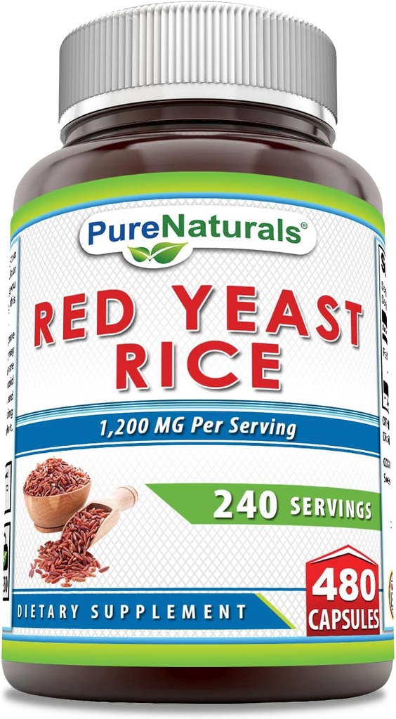 Pure Naturals Red Yeast Rice 1200 Mg por Serving, Capsules Suplemento Silencio No GMO Silencio Gluten Free ← Made in USA (480 Conde)