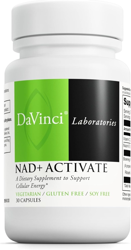 DAVINCI Laboratorios NAD+ Activar - Suplemento NAD con vitamina C &amp; Niacin - Ayuda a apoyar la salud cerebral, energía celular &amp; Más* - Vegetariano, libre de gluten &amp; libre de soja - 30 cápsulas
