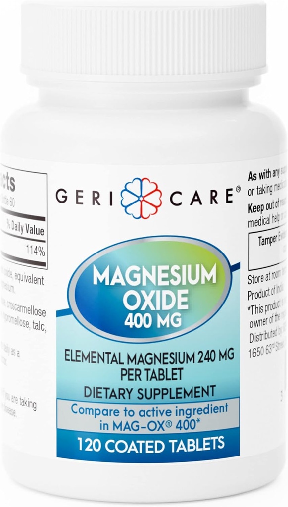 GeriCare Magnesium Oxide Suplemento 240 mg - Elemental Magnesium, 120 Coated Tablets – Essential Mineral Support - Promotes Vascular Health, Bone Strength, and Muscle Function (Pack of 1)