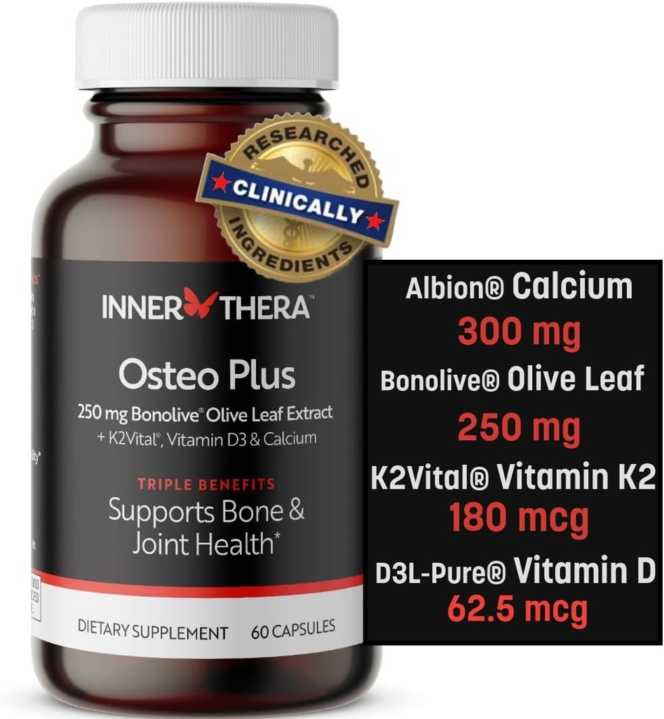 Osteo Plus 4-en-1 Suplemento Integral - Calcio con Vitamina D3, K2 y Bonolive - Apoyos Envejecimiento saludable - Sin gluten, No GMO, Vegan (60 Cuenta)