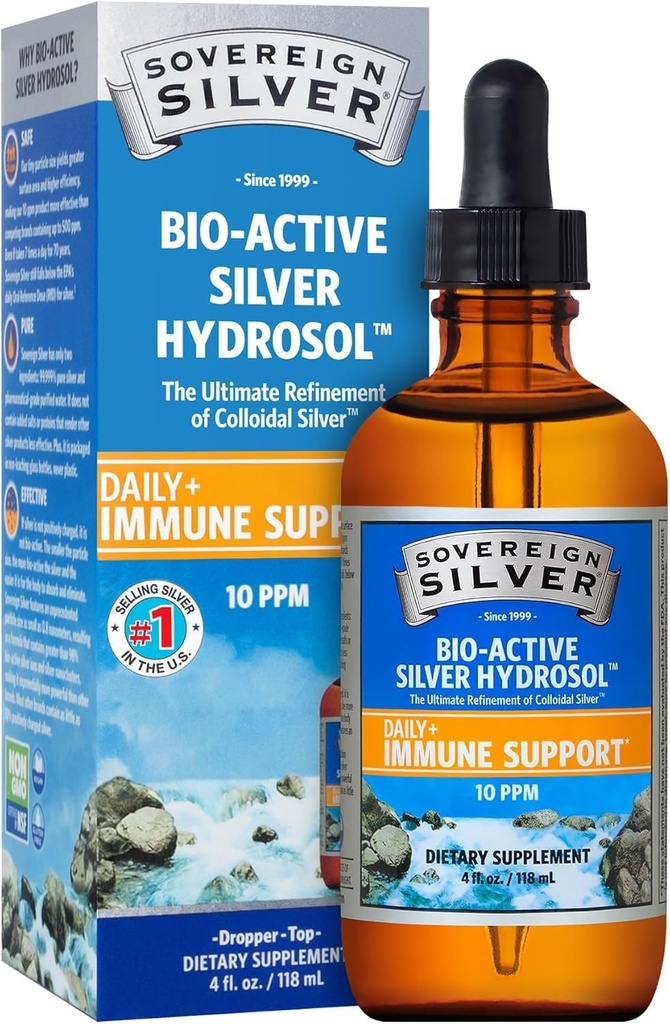 Sovereign Silver Immune Support - Colloidal Silver, Bio-Active Silver Hydrosol, 10 ppm, Liquid Dropper, 4 Fl Oz, (118 mL)