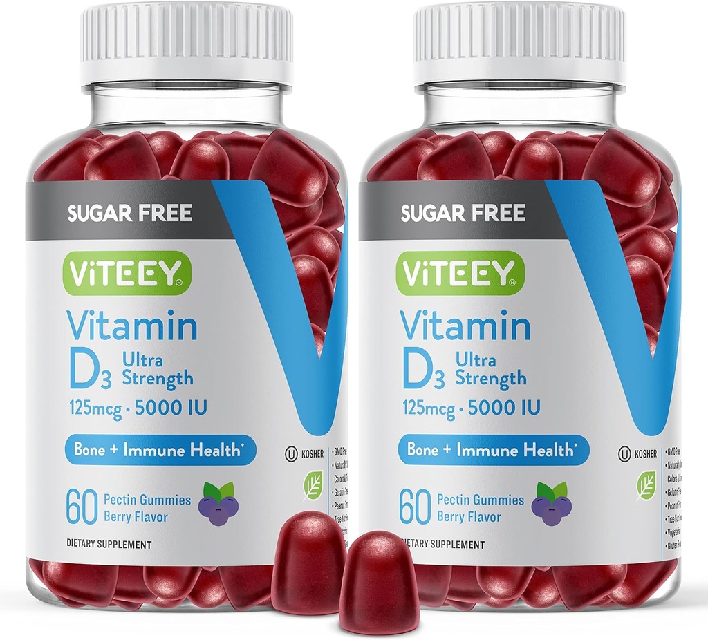 VITEEY Vitamina D3 Gummies para Adultos &amp; Adolescentes - 5,000 UI, 125mcg, Ultra Strength - Sugar Gratis, Bone, Mixta &amp; Muscle Health, Immune Boost - Vegetarian, Gelatin Gratis - Tasty Chewable Berry Flavored Gummy
