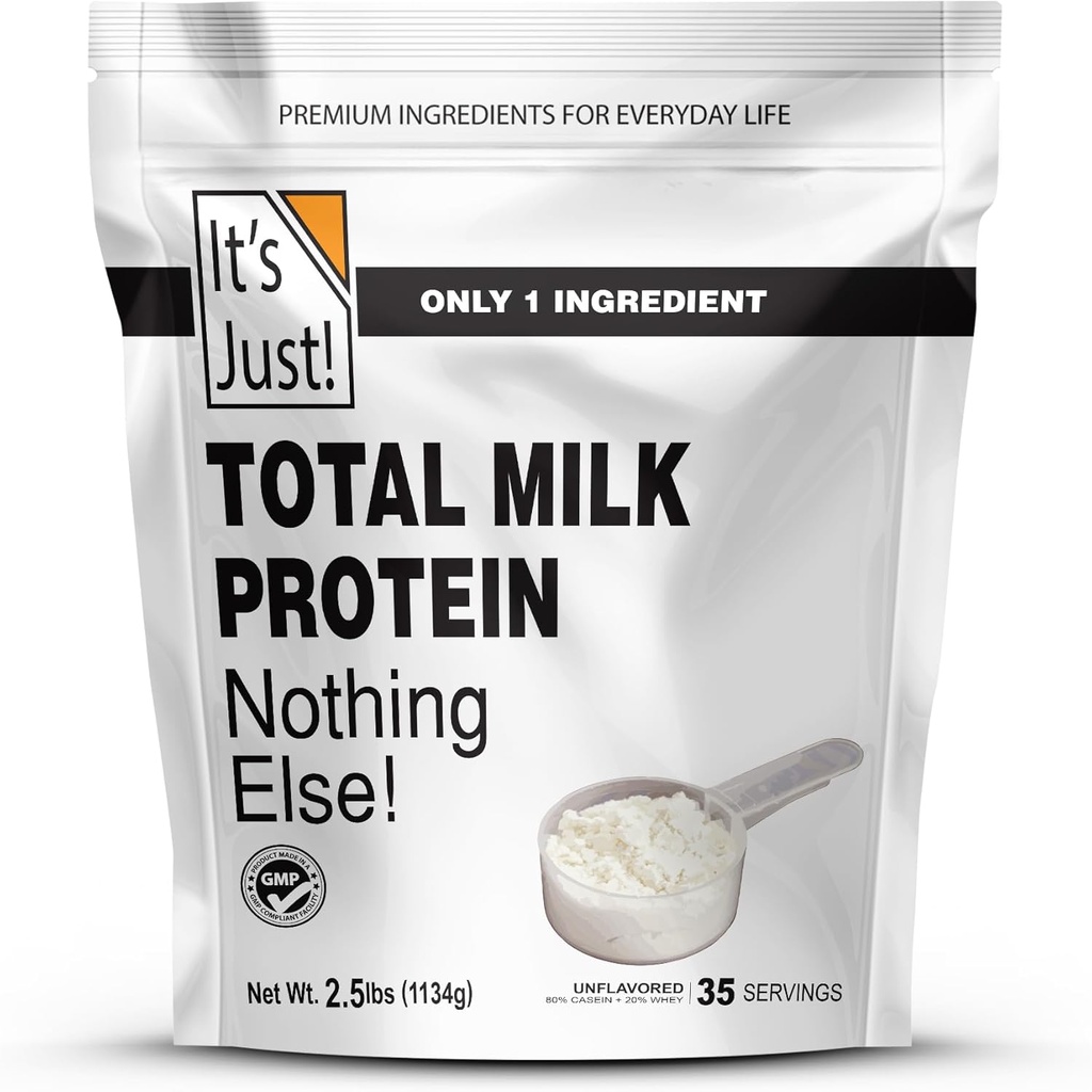 ¡Es justo! - Polvo Concentrado de Proteína Milk Total (Contiene: 80% Casein / 20% Whey), Pruebas de Metal Pesado, Sin Sabores Añadidos, No GMO, Gluten Free (2,5 libras, Desflavorado)