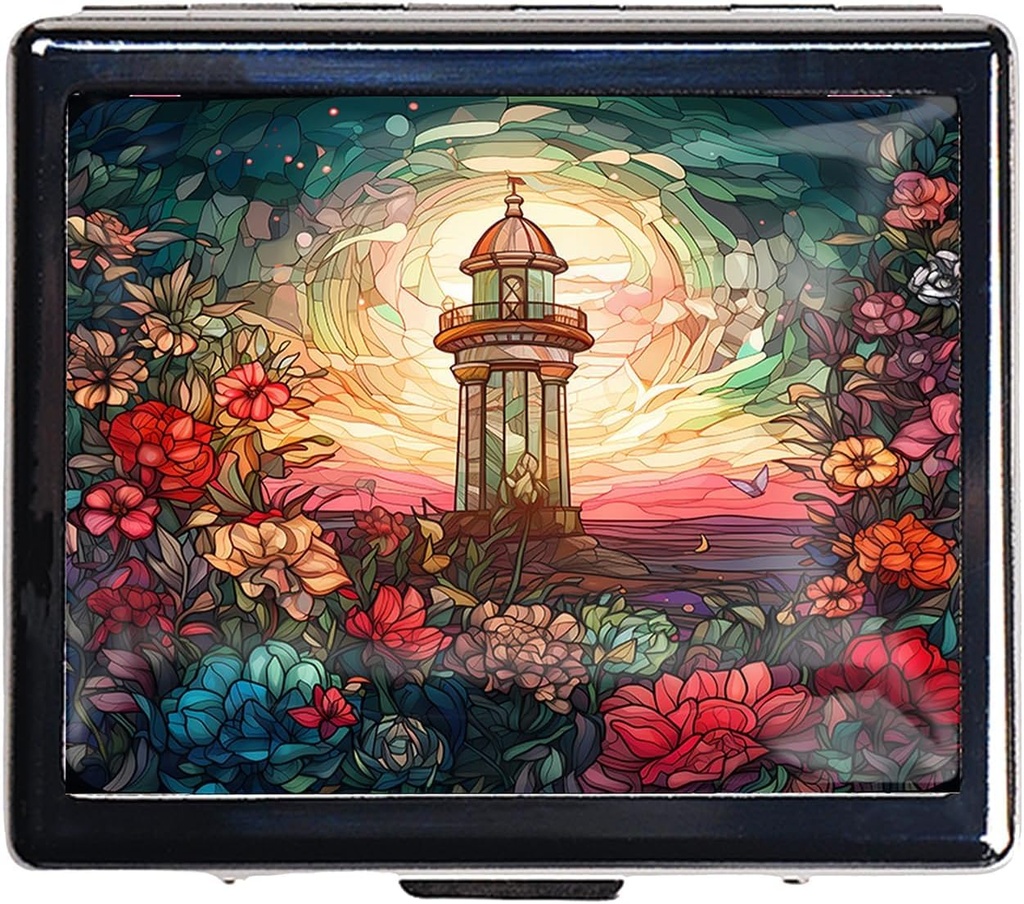 7 Days Chromed Shiny Silver Pill Organizer with Mirror Inside Has 8 Separate Compartments Rectangle 7 Days Pill Box Pill Case (Lighthouse Stained Glass)