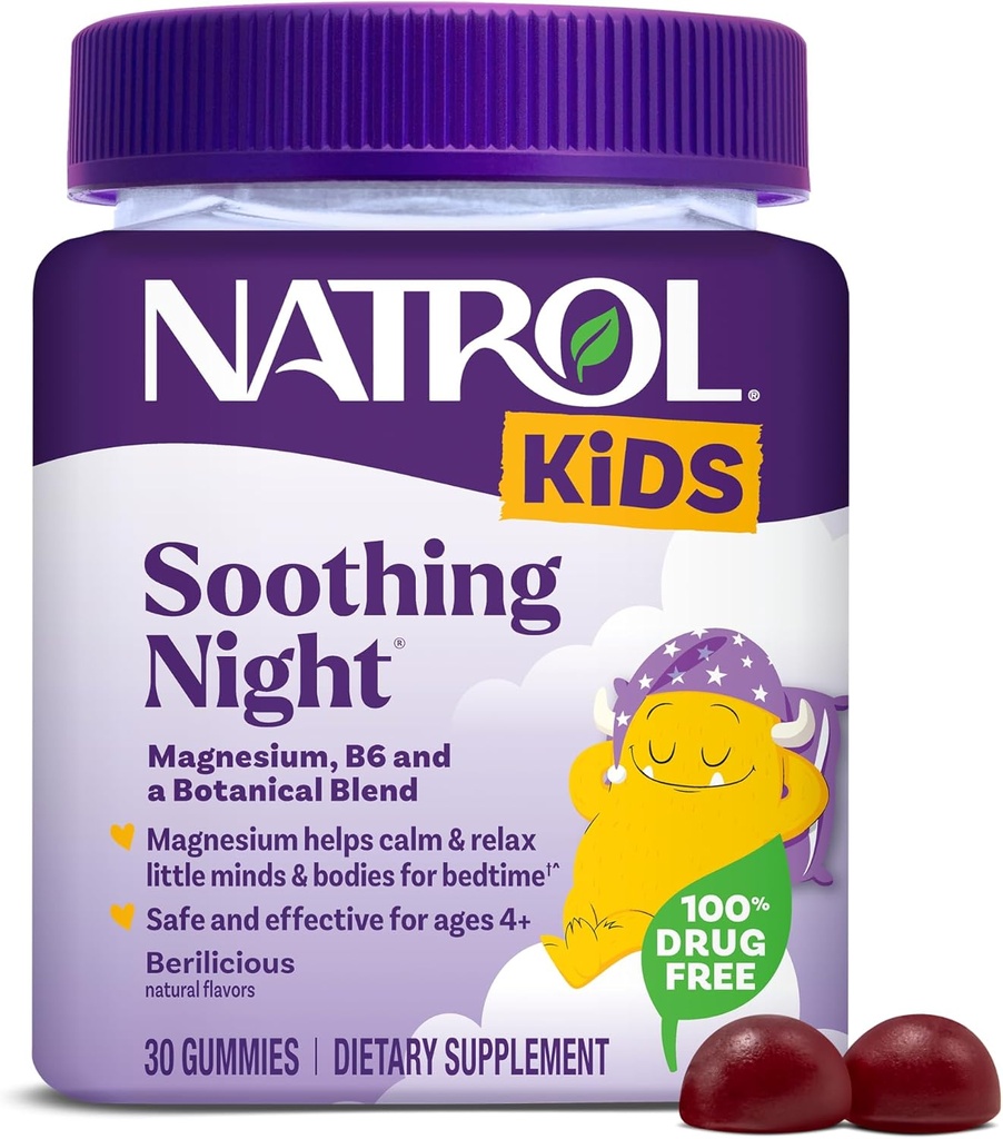 Natrol Kids Soothing Night Magnesium Citrate Gummies, ayuda a calmar las pequeñas mentes &amp; cuerpos para la hora de dormir para aquellos bajos en magnesio, además de vitamina B6 soporta la función cerebral, 30 gomitas benéficas