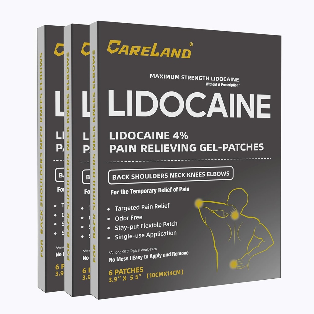 CARELAND Lidocaine Gel Patch, 18 Conde Maximum Strength Pain Patches for Muscle Relief in Neck Knee Back and Shoulders Unscented Numbing Patch for Soothing Nerves, Joints