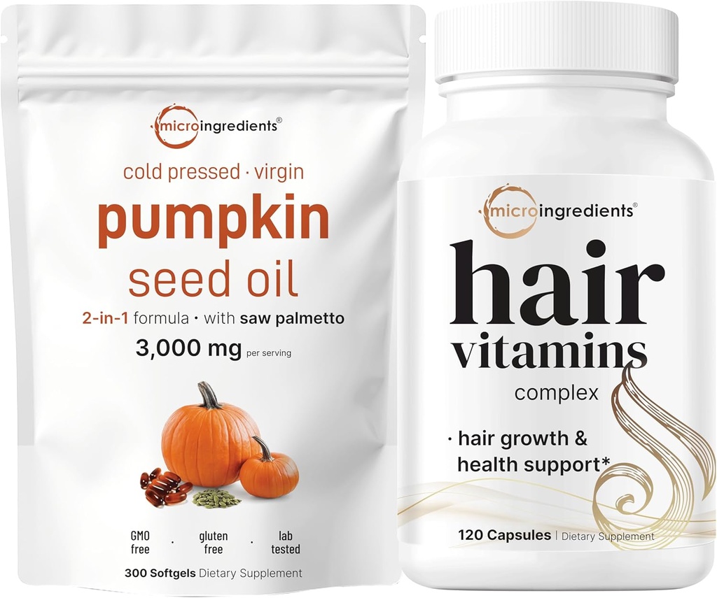 Micro Ingredientes Pumpkin Seed Oil with Saw Palmetto 3000mg Softgels &amp; Hair Vitamins Complex Capsules ← 2 Pack Bundle ← Cold Pressed Virgin Oil ← 14-in-1 Hair Growth Support with Collagen &amp; Biotin