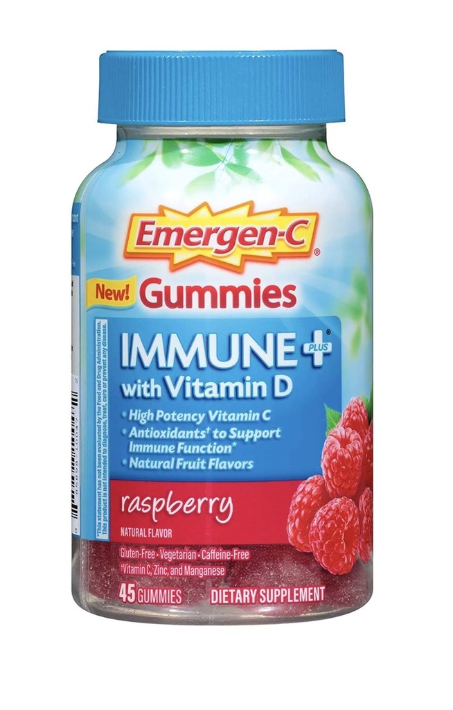 Emergen-C Gummies Immune Plus Vitamina D, Raspberry, 45 Gummies (Pack of 2)