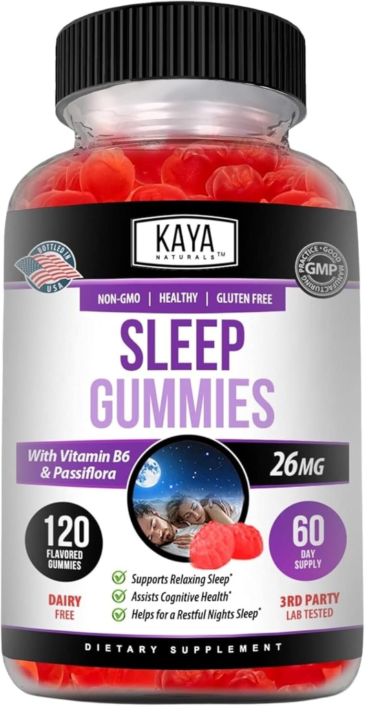 Kaya Naturals Gummies del sueño (26 mg) - Suplemento de salud y Ayuda al sueño para adultos - Vitamina B6 y Melatonina Gummies - Vitaminas Gummy para Mujeres y Hombres - 120 Conde