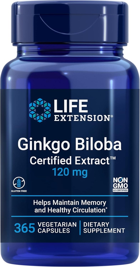 Extracto certificado de extensión de vida Ginkgo BilobaTM, 120 mg, ayuda a mantener la memoria " , libre de gluten, no GMO, vegetariano, 365 cápsulas
