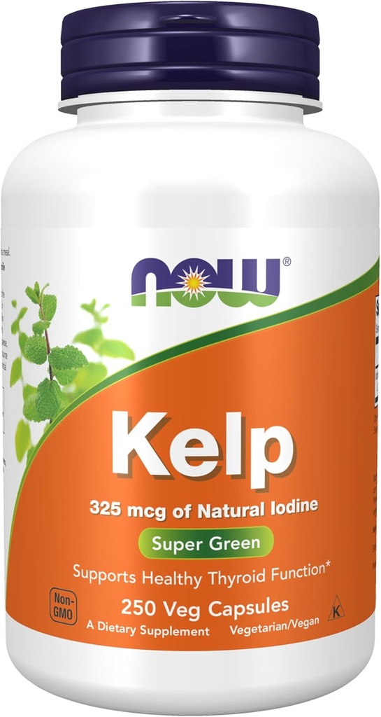 AHORA Suplementos, Kelp 325 mcg de Iodo Natural, soporta la función tiroidea saludable*, Super Verde, 250 cápsulas Veg