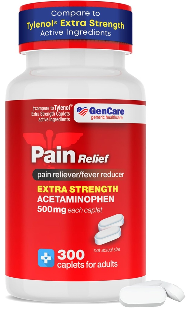 GenCare - Acetaminophen 500mg Extra Strength Pain Relief (300 Caplets) - Multi Symptom Pain Reliever for Headache, Sinus, Arthritis, Back Pain Muscle Ache, Toothache, Fever Reducer, Migraine