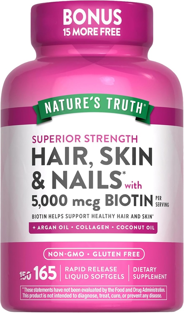 La verdad de la naturaleza Pelo, Esquía &amp; uñas Vitamina TEN 5000 mcg Biotin TEN 165 Softgels Silencio con Collagen ANTE No GMO &amp; Gluten Suplemento gratuito