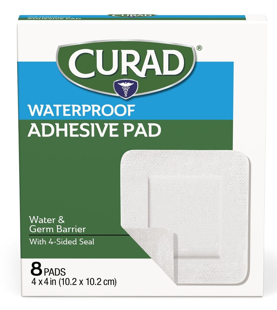 CURAD White Waterproof Adhesive Pads, 4" x 4", Advanced Wound Care, 1 Box, 8 Count
