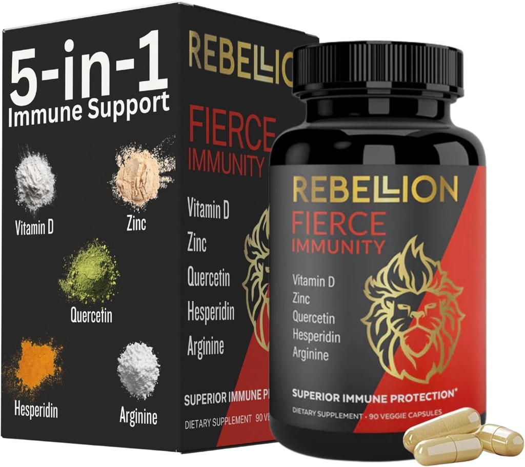 Suplemento de inmunidad de 5 en-1, Suplemento de apoyo inmunitario y saltadores para adultos, vitamina C, quercetina, vitamina D, zinc, L-Arginina, hesperidina, apoyo a la inmunidad, 90 cápsulas (1 mes de suministro)