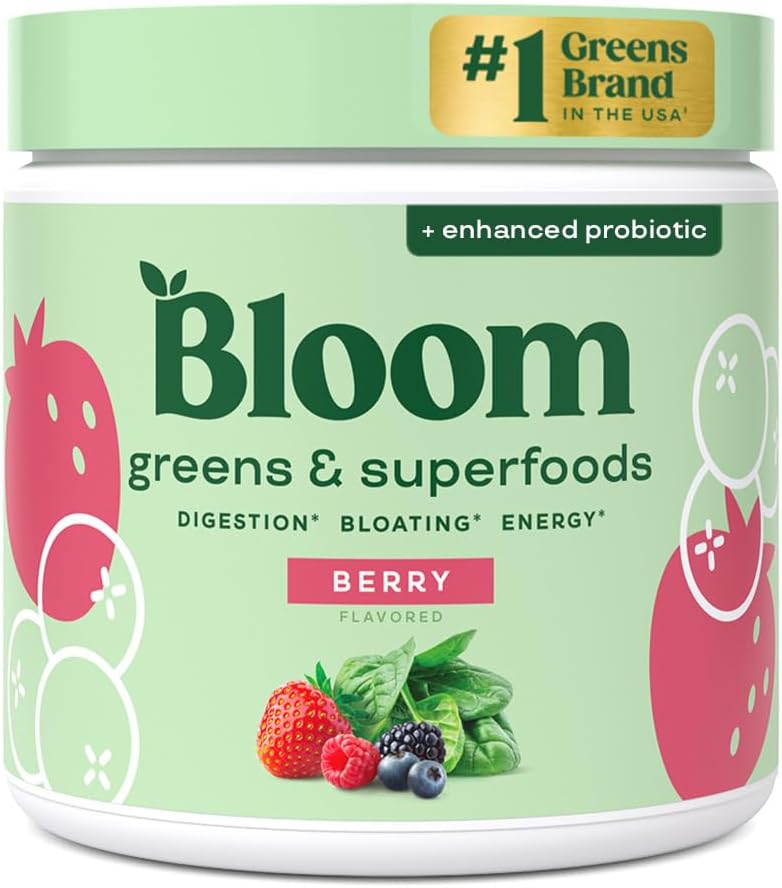 Bloom Nutrition Superfood Greens Powder, Enzymes Digestivos con Probióticos y Prebióticos, Gut Health, Bloating Relief for Women, Chlorella, Green Juice Mix with Beet Root Powder, 30 SVG, Berry