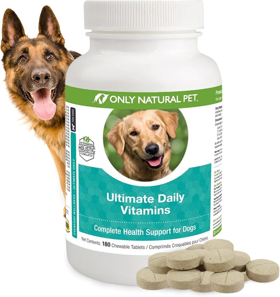 Only Natural Pet Ultimate Daily Vitamins - Complete Multivitamin Supplement for Dogs Balanced Health & Vitality - Senior Small & Large Canine Food Immune Digestive Support -180 Soft Chews Tablets