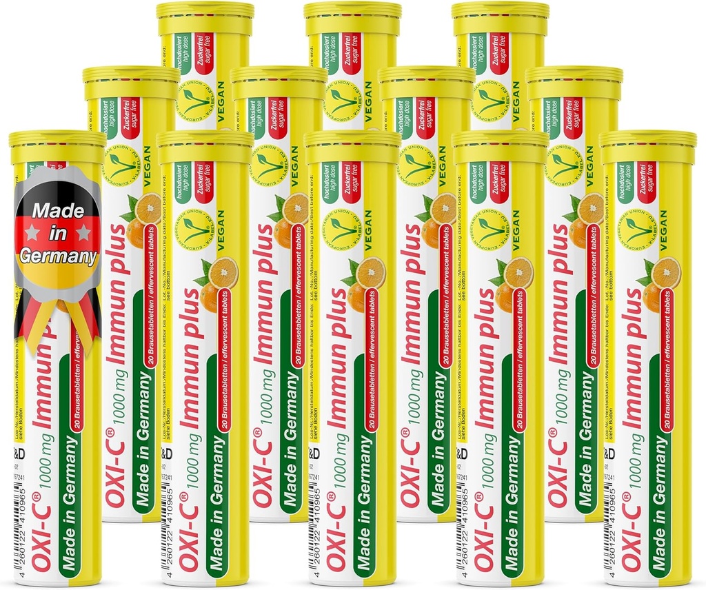 Oxi C 1000 mg Vitamina C - 240 Tablas de Efervescente de Bebida Vegan - Sabor Naranja - Hecho en Alemania